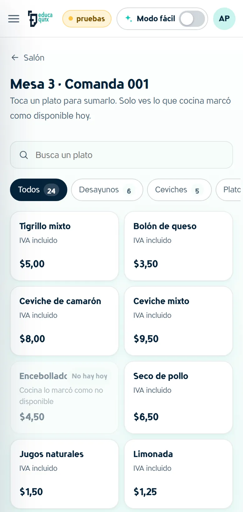 Comanda de una mesa en el celular del mesero.