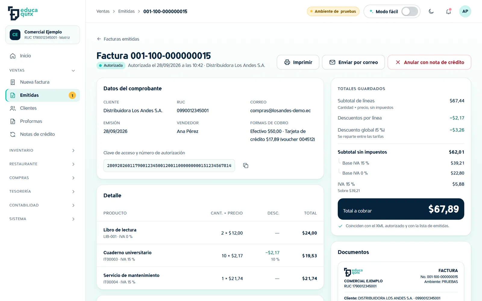 Detalle de una factura autorizada: datos del comprobante, clave de acceso, totales con IVA y bitácora del SRI.