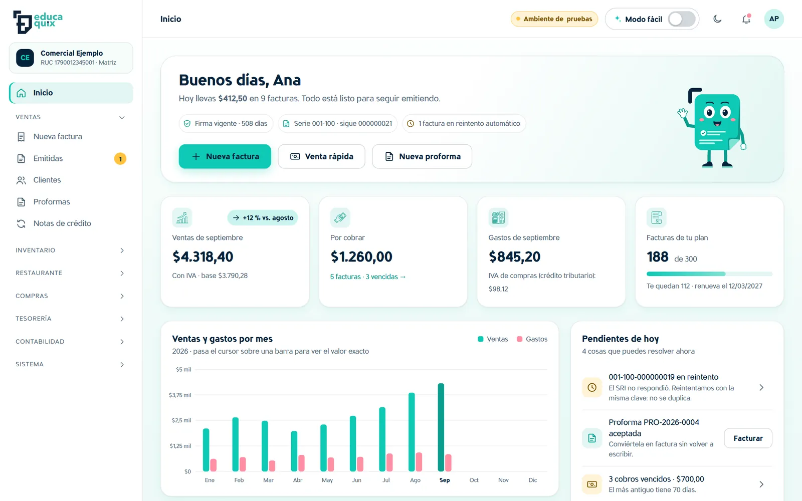 Plataforma completa: inicio con ventas del mes, cobros pendientes y menú contable.