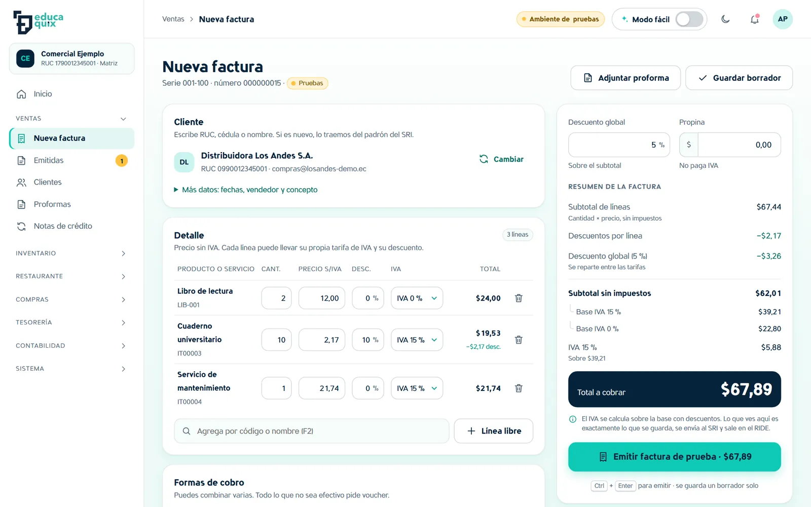 Nueva factura en EducaQuix Conta: productos con IVA 15 % y 0 % en la misma factura, descuentos, propina y formas de cobro.