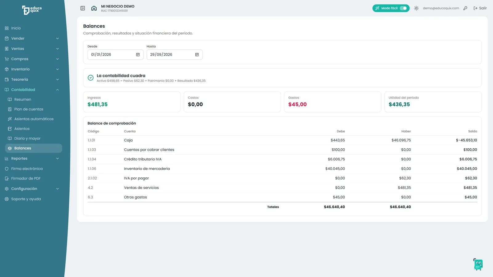 Captura real: balance de comprobación con el aviso “La contabilidad cuadra”.