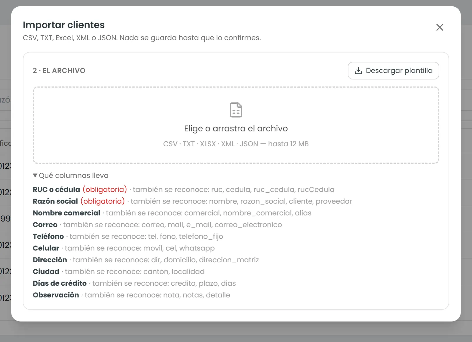 Captura real: al importar clientes, las columnas del archivo se reconocen solas y se pueden corregir a mano.