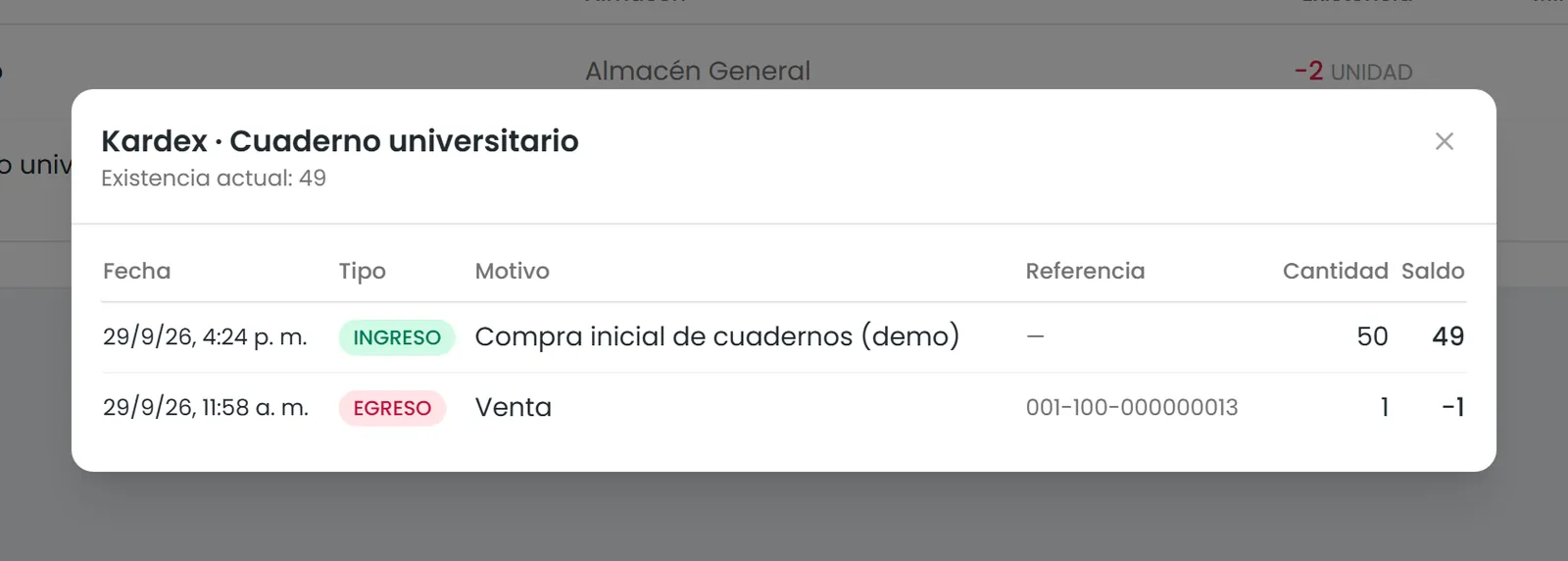 Captura real: kardex de un producto con entradas, salidas y saldo.