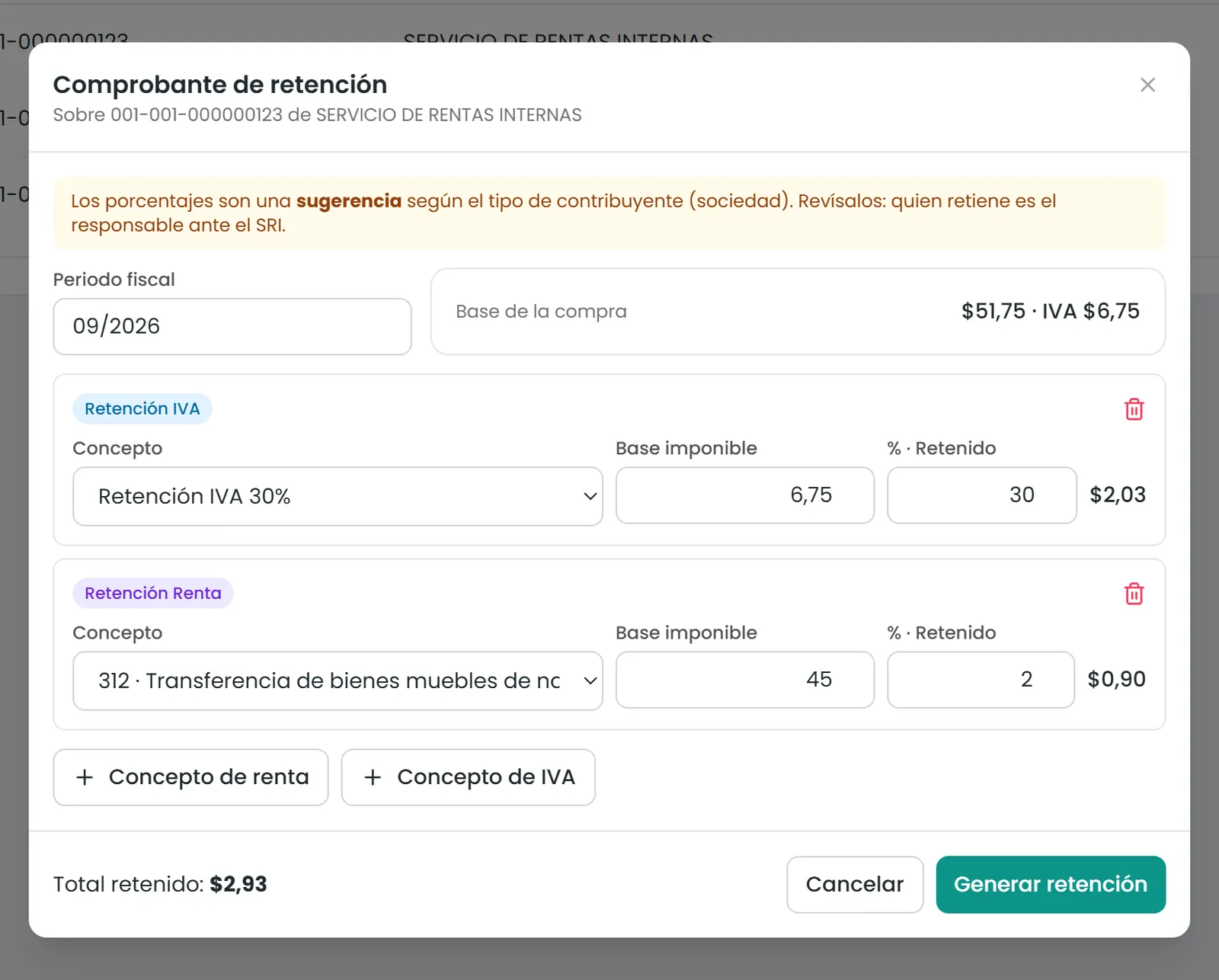 Captura real: comprobante de retención generado desde una compra registrada.