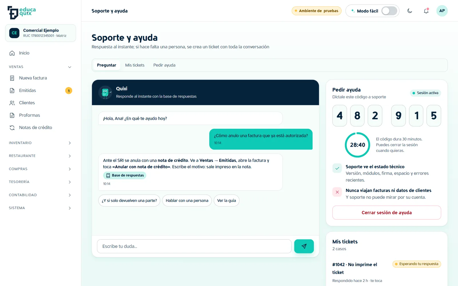 Soporte y ayuda dentro del sistema: chat con Quixi, pedir ayuda con código y mis tickets.