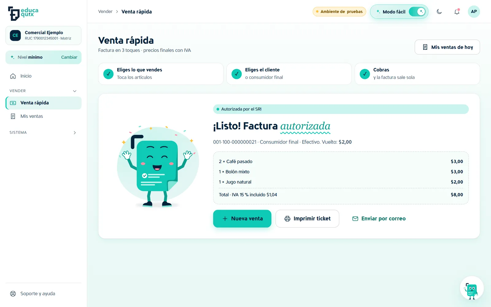 Venta rápida de EducaQuix: la factura quedó autorizada por el SRI; total a cobrar $8,00 con IVA incluido.