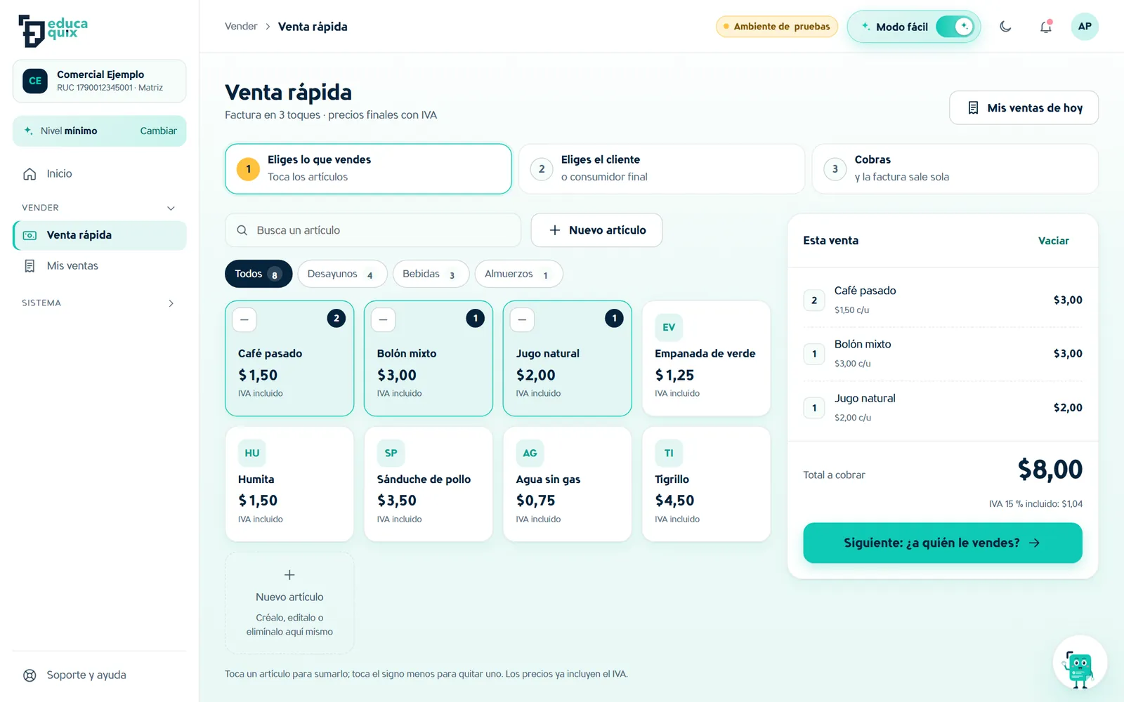Modo fácil: venta rápida con precios finales con IVA.